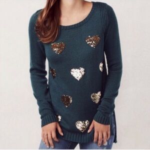 LC Lauren Conrad Green Crewneck Sweater with Sequin Hearts Size XS
